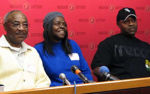 Peter (from left), Ann and Tony Gilbert talked about how they planned to spend their jackpot winnings today at the Hoosier Lottery headquarters in Indianapolis.